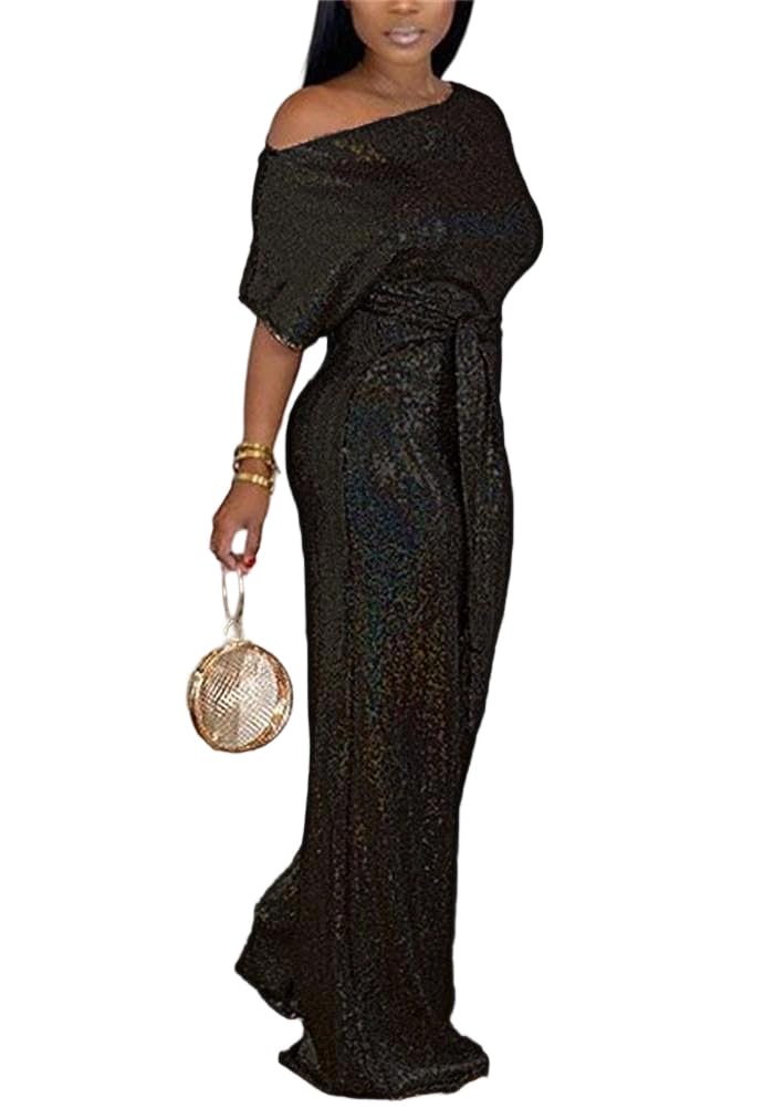 LKOUS Women's Evening Sparkly Jumpsuits Off Shoulder Short Sleeve Party Sequins Rompers High Waisted Wide Leg Pants Suit - Image 2
